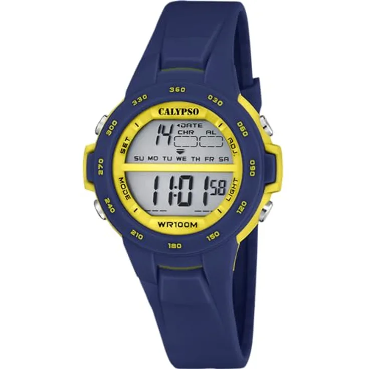 CALYPSO WATCHES Chronograph Junior Collection K5850/5, digitale Kinder- und Damenuhr, Quarz, bis 10 bar wasserdicht, dunkelblau-gelb