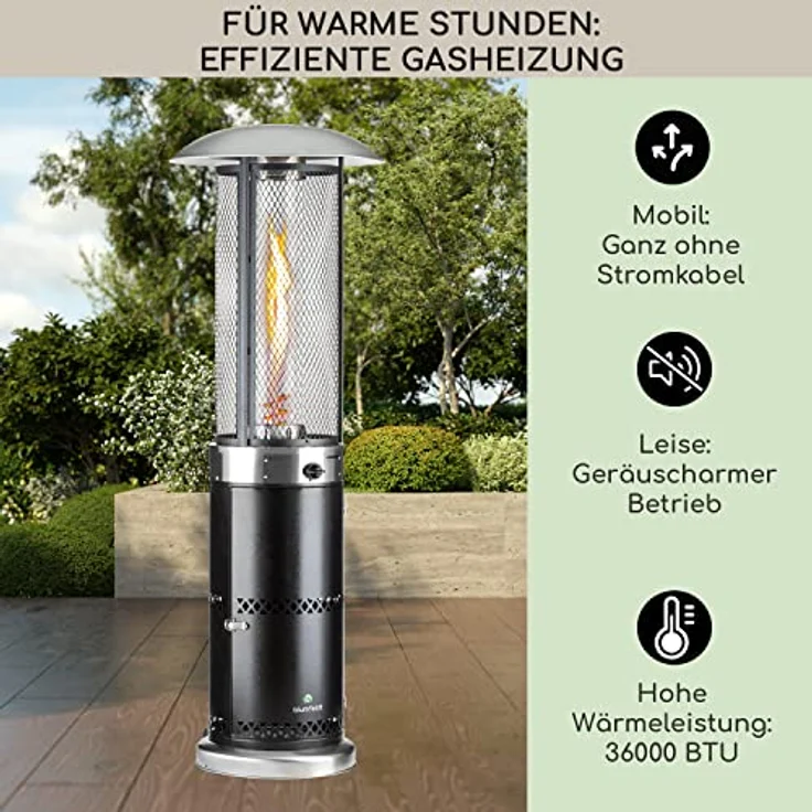 Blumfeldt Heizpilz Gas für Terrasse, Garten & Balkon, 360°Flammen-Blick, Outdoor-Gasheizstrahler, Elektrische Zündung, Bodenrollen - silber – Bild 2