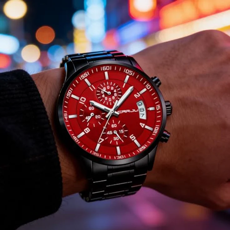 CRRJU Herren Uhr Business Edelstahl Chronograph mit Kalender, wasserdicht, Stoppuhr, Analog Quarzuhr, schwarzes Edelstahlband mit roten Akzenten – Bild 4