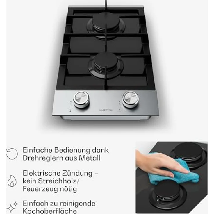 Klarstein Verosteel PG3020BG-DCB, Gas-Kochfeld mit 2 Brennern, 4200 W, schwarzes Glas und Edelstahl – Bild 6