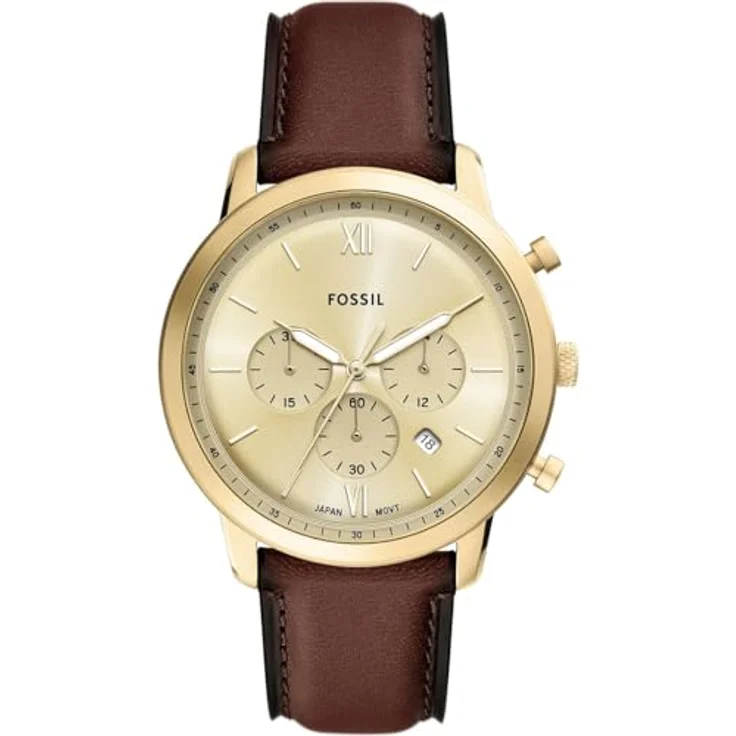 Fossil FS6113, Herren Analog Quarz Uhr mit goldenem Zifferblatt, braunem Lederarmband, 44 mm, wasserdicht bis 50 m – Bild 1