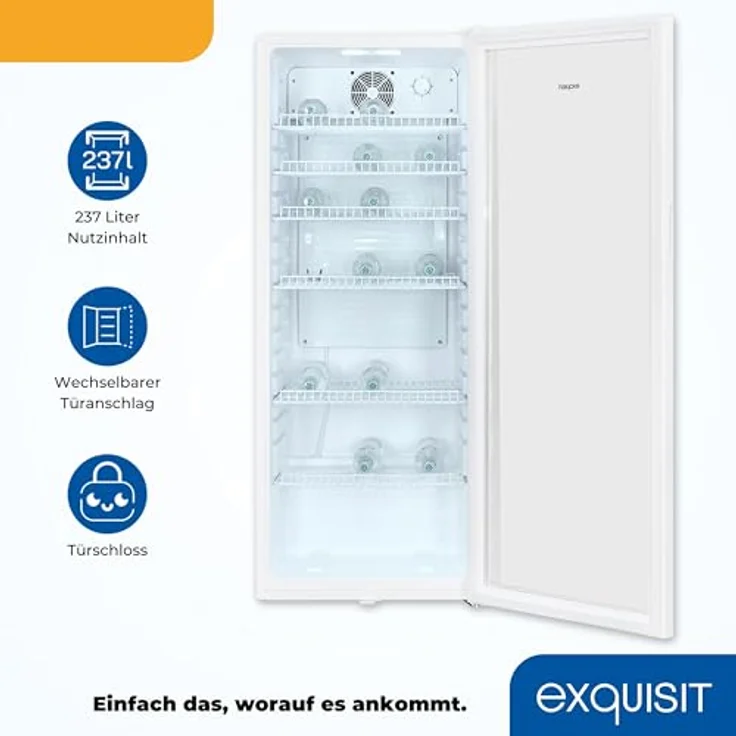 Exquisit Glastürkühlschrank GKS240-GT-160C weiss | Nutzinhalt: 237 L | Türschloss | 6 Gitterablagen | Umluftventilator | Standgerät – Bild 3