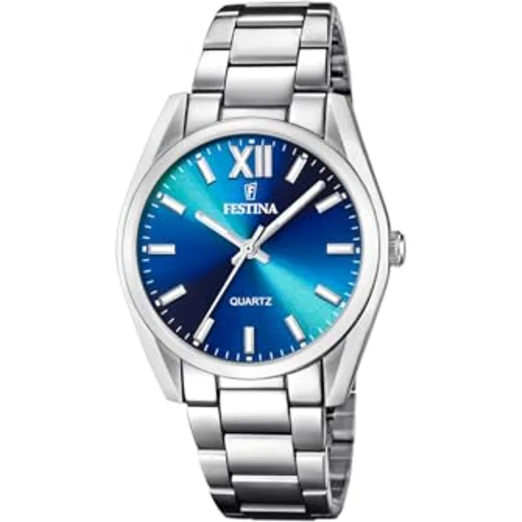 Festina F20622 Boyfriend Damenuhr mit silbernem 316L Edelstahlgehäuse und silbernem 316L Edelstahlarmband, Türkis