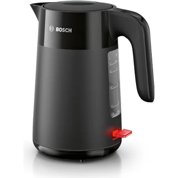 Bosch kabelloser Wasserkocher MyMoment TWK2M163, Abschaltautomatik, Überhitzungsschutz, Tassenanzeige, entnehmbarer Kalkfilter, Trockengehschutz, Dampfstopp-Automatik, 1,7 L, 2400 W, Schwarz matt
