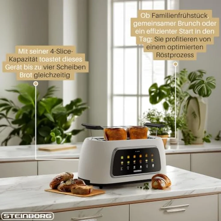 Steinborg XXL 4-Scheiben Toaster Schwarz mit Lift-Funktion, digitalem Display und Brötchenaufsatz, Edelstahl-Design – Bild 3