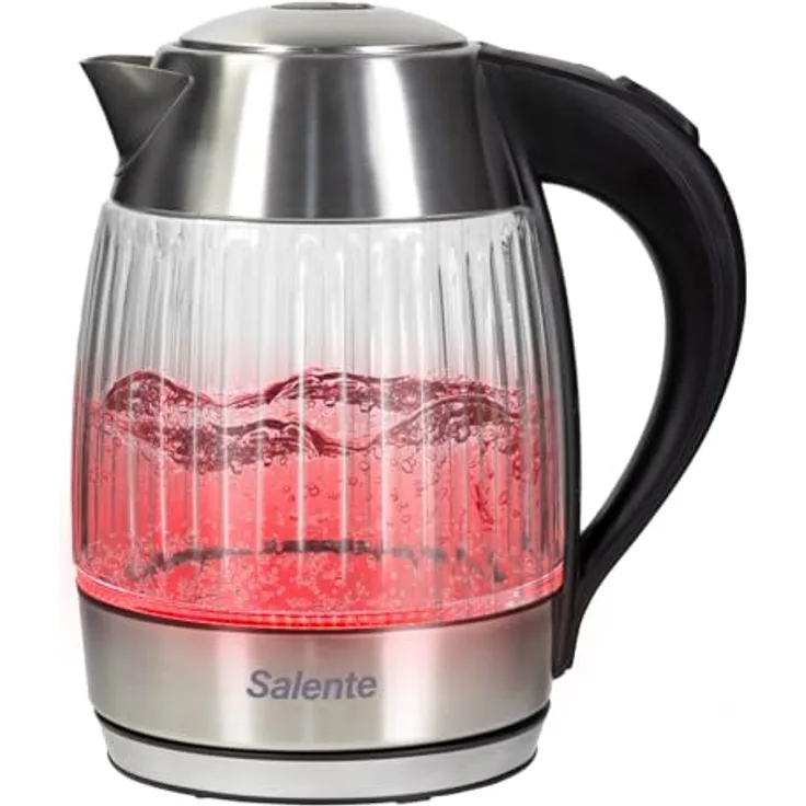 SALENTE StripeGlass Edelstahl-Glaskessel, 1,8 L, verstärktes Borosilikatglas, Anti-Kalk-Filter, Trockenlaufschutz, 2200 W, LED-Licht mit roter Hintergrundbeleuchtung