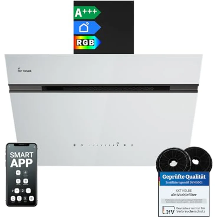 KKT KOLBE AURORA6005SW Dunstabzugshaube, 60 cm, A+++ Energieeffizienz, 782 cbm/h, Umluft/Abluft, Schwarz Weiß Glas, Nachlaufautomatik, Smart WiFi App, SensorTouch, RGBW LED-Beleuchtung – Bild 1