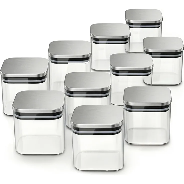 Arendo Vorratsgläser Set, 10x 0,8 L Borosilikatglas, luftdicht mit Edelstahldeckel, mikrowellengeeignet, transparent-silber, eckig, hitzebeständig, umweltfreundlich