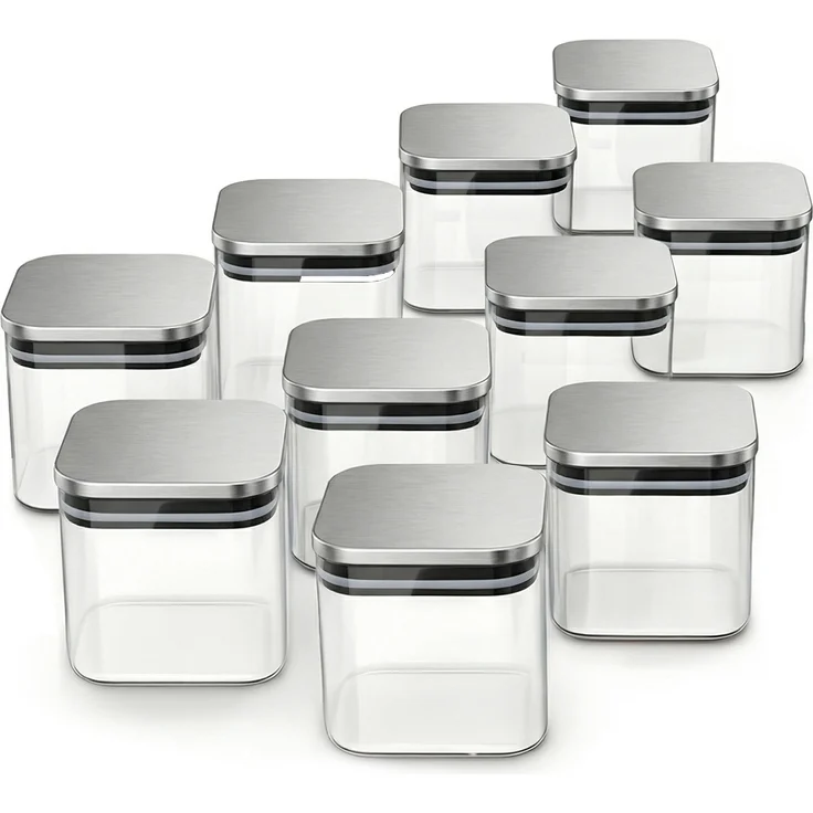 Arendo Vorratsgläser Set, 10x 0,8 L Borosilikatglas, luftdicht mit Edelstahldeckel, mikrowellengeeignet, transparent-silber, eckig, hitzebeständig, umweltfreundlich