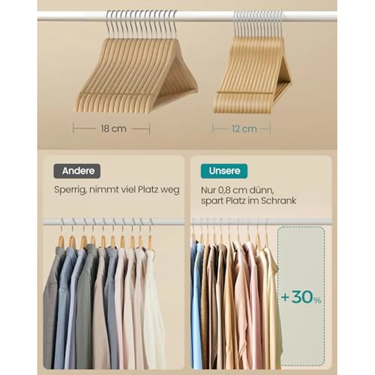 SONGMICS Kleiderbügel Holz, 10er Set, schlank aus Birkenholz, 360° drehbarer Haken, für schwere Winterjacken – Bild 4