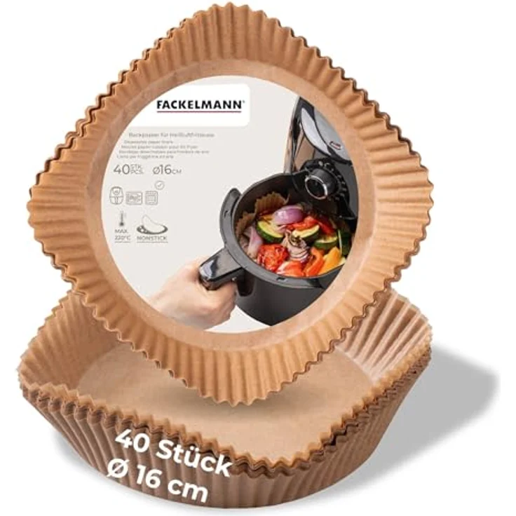 FACKELMANN Backpapier für Heißluftfritteuse, rund 16 cm, 40-teilig, öl- und wasserfest, hitzebeständig bis 220°C, mikrowellen- und backofengeeignet – Bild 1