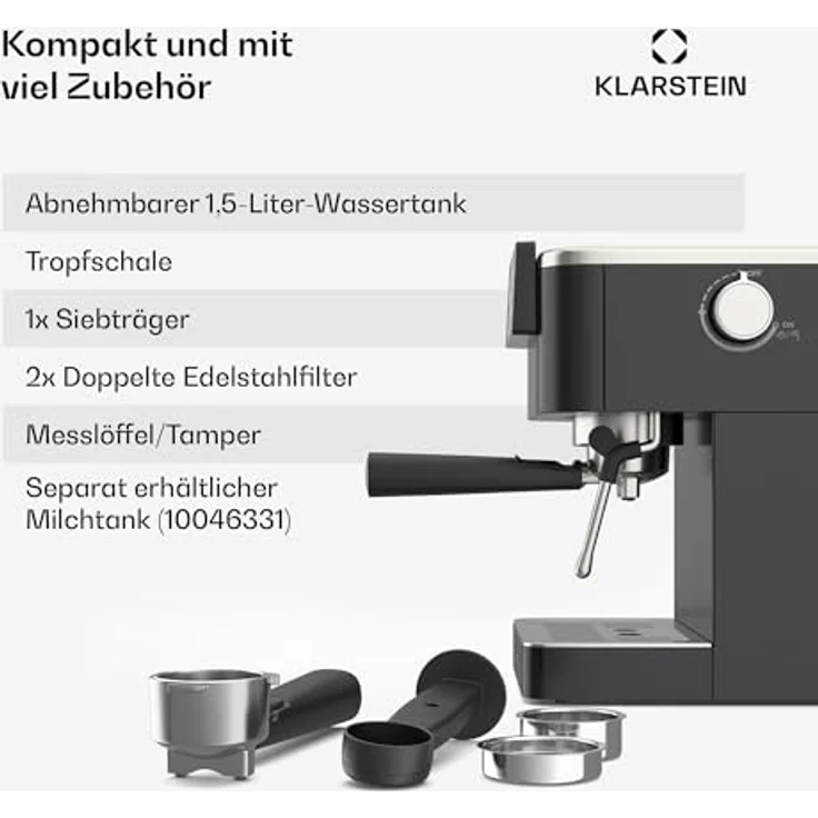 Klarstein SteelPresso Touch Siebträgermaschine – 20-Bar, 1350 W, Edelstahl, 1,5-L-Wassertank, Touch-Display, Integrierter Milchaufschäumer, Kompaktes Design, Kaffeemaschine – Bild 7