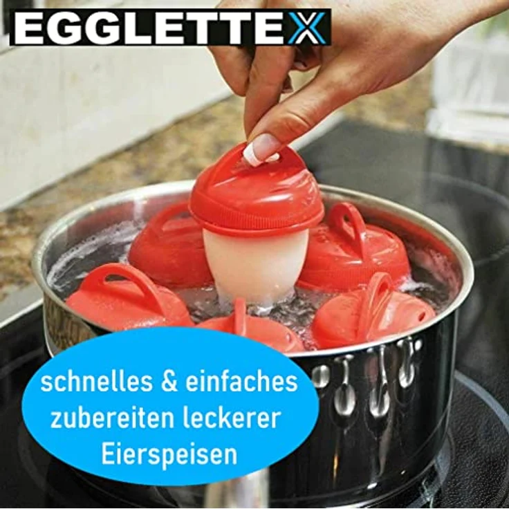 MAVURA EGGLETTEX Eierkocher ohne Schale [6er Set], Silikon Egglettes in Weiß/Rot, Anti-Haft Beschichtung, lebensmittelechtes Material – Bild 2
