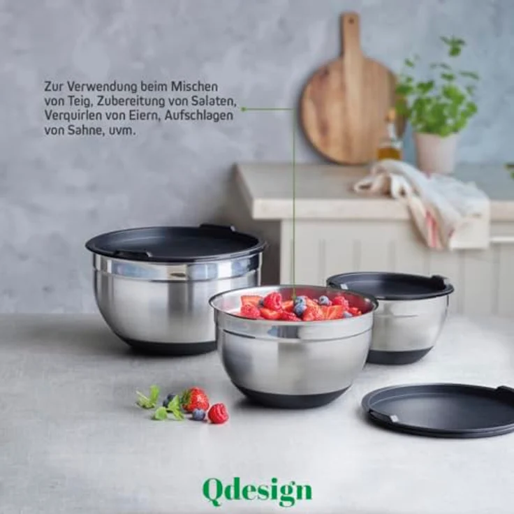 Q Design Rührschüsseln aus Edelstahl mit Deckel - 3er-Set, vielseitig und praktisch – Bild 6