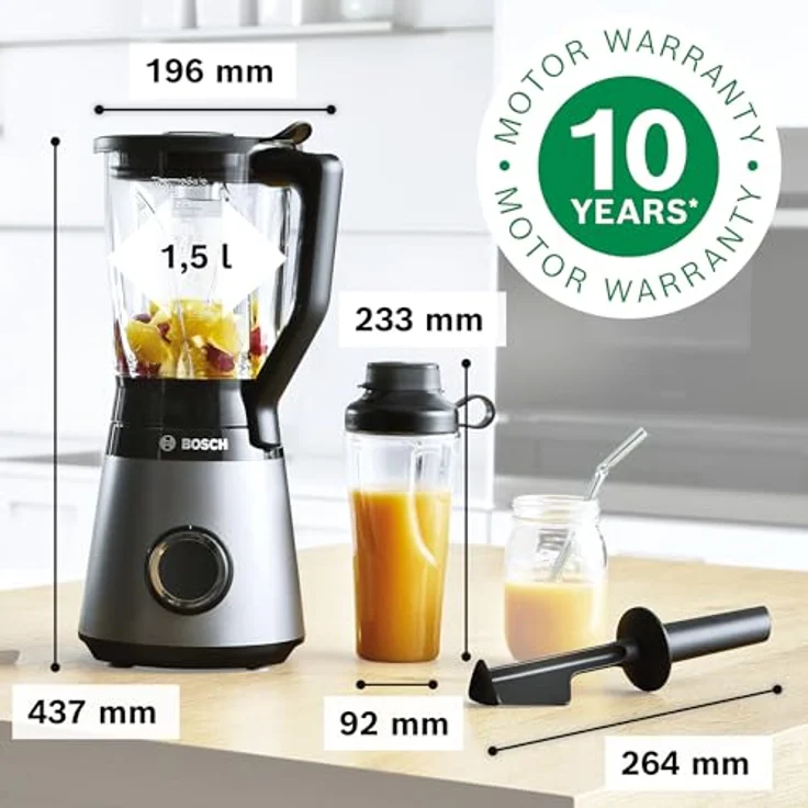 Bosch Serie 4 MMB6174S Standmixer, 1200W, ToGo-Flasche 0,6L, mit ThermoSafe Glasbehälter, silber – Bild 3