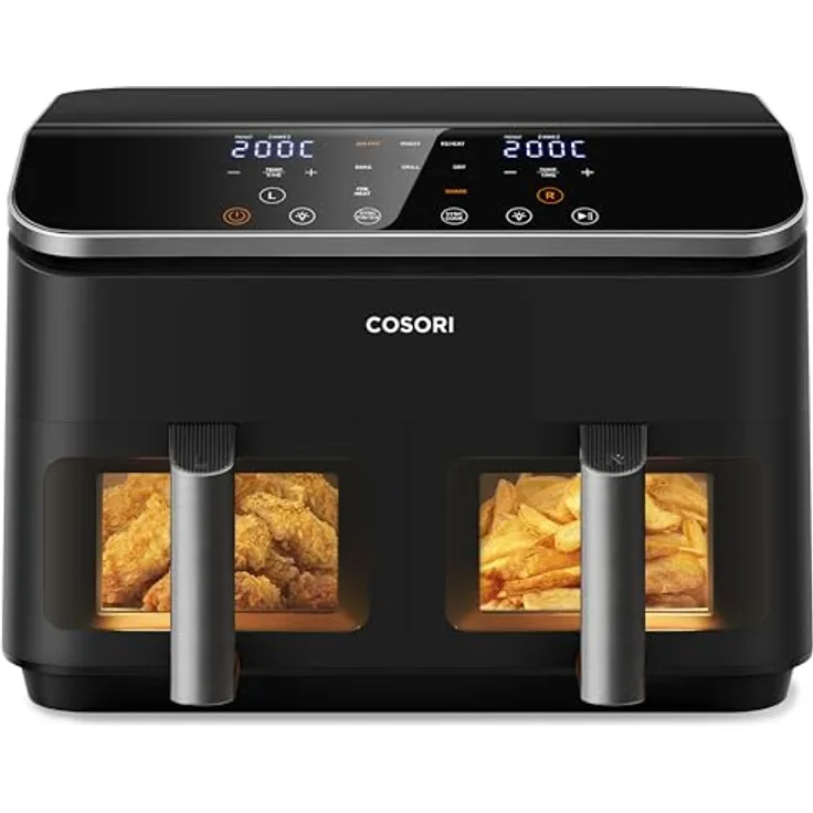 COSORI Dual Basket CAF-R901-AEU Heißluftfritteuse mit Doppelkammer, 8.5L Max Airfryer, 50+ Online Recepte, 8 in 1 Funktionen, Sichtfenster, Energiesparend, Schwarz