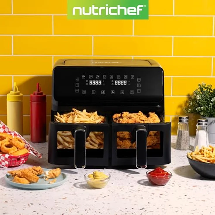 NutriChef Heißluftfritteuse Airfryer XL, 8L Doppel-Fritteuse mit 2 Körben, 9 Programmen, spülmaschinenfest, antihaftbeschichtet, bis 360 °C, schwarz – Bild 2