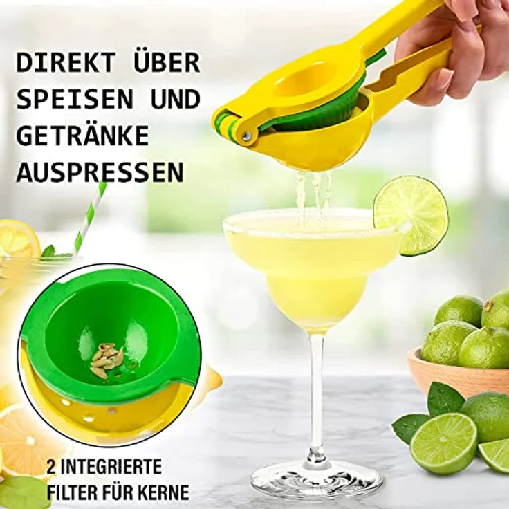 Zulay Kitchen 2-in-1 Zitronen- und Limettenpresse, manuelle Saftpresse aus robustem Aluminium (Gelb/Grün), mit Samenfilter und ergonomischem Griff – Bild 3
