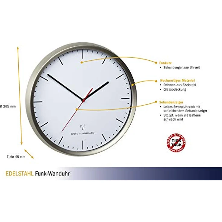 TFA Funk-Wanduhr 60.3521.02, Edelstahl (gebürstet), 30.5 cm, Schleichendes Uhrwerk – Bild 2