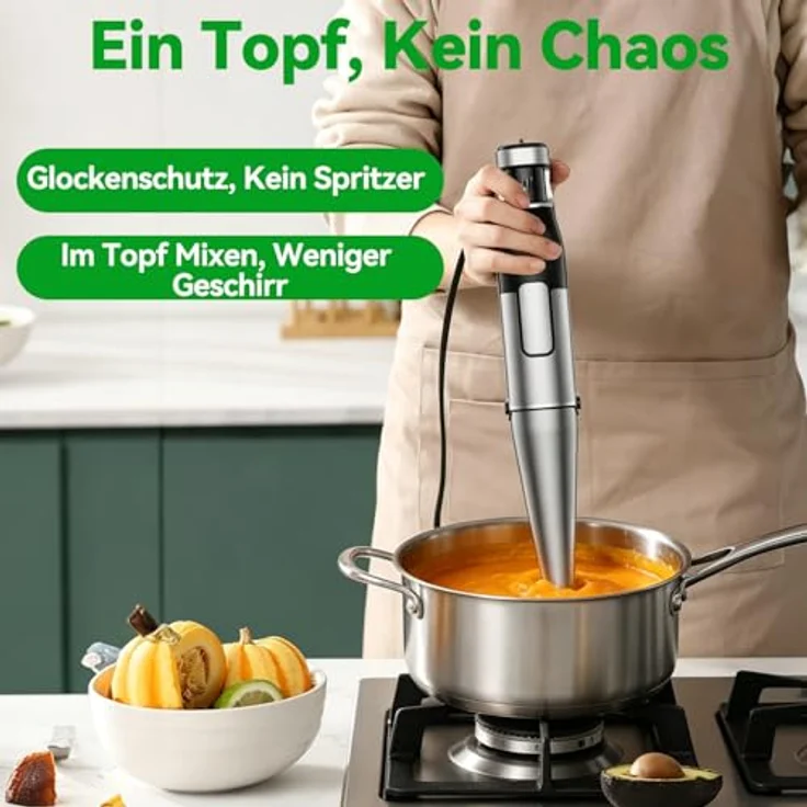 BESROY Stabmixer Set 3 in 1, 1100W Pürierstab mit Edelstahl-Klingen, Milchschäumer & Schneebesen, stufenlose Geschwindigkeit, kratzschonend, spülmaschinengeeignet – Bild 5