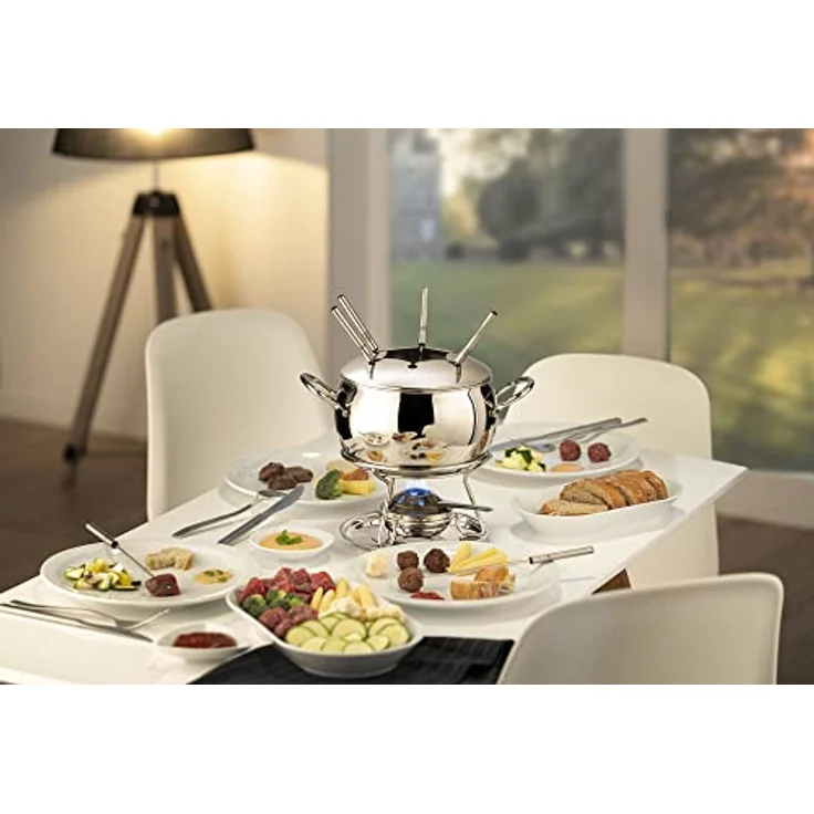 APS Fondue- und Feuerzangenbowle Set, Zuckerzange, Feuerzange, Fondue-Topf, Edelstahldeckel, hochglanzpoliert, Gestell, verchromt, Schöpfkelle, für ca. 2,2 Liter Flüssigkeit, Ø22 cm, 23 cm Höhe – Bild 2