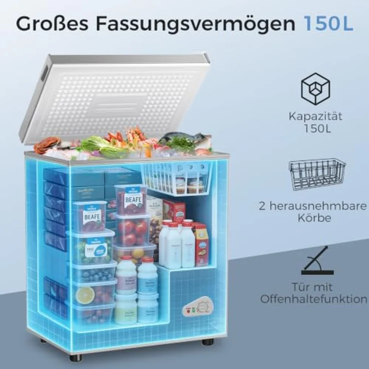 YASHE Gefriertruhe 150L, freistehende Tiefkühltruhe mit 2 herausnehmbaren Körben und 6 Temperaturstufen, Silber – Bild 2