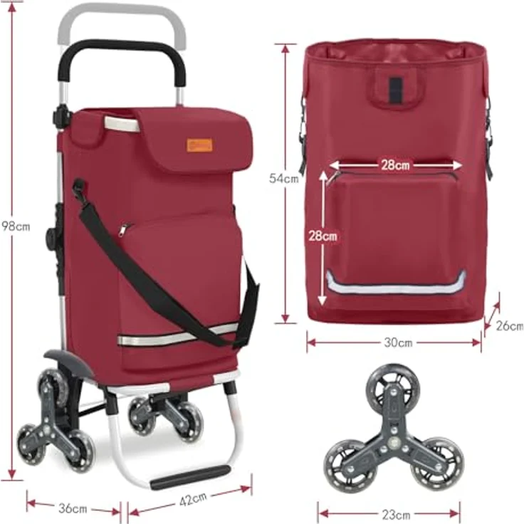 Sekey Klappbarer Einkaufstrolley 3-in-1 mit Kühlfach, 42 l, roter Treppensteiger Trolley inkl. Spanngurt und Einkaufschip – Bild 3