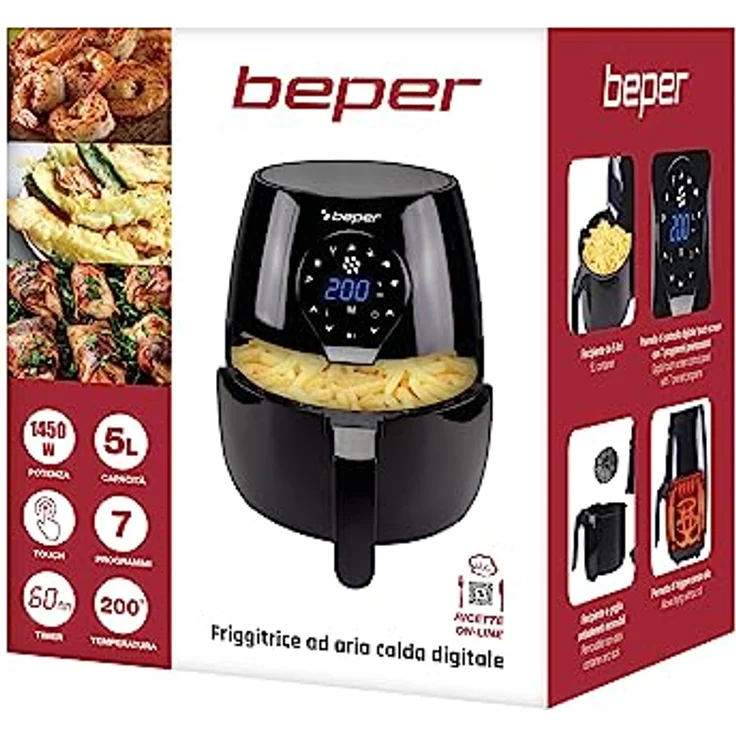 Beper P101FRI050 Heißluftfritteuse, 1450 Watt, 5 Liter, Thermostat bis 200 °C, Timer, Display, Kunststoff, schwarz – Bild 7