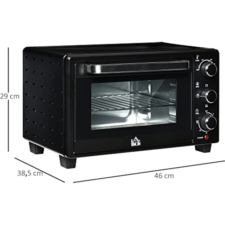 HOMCOM Minibackofen 21L mit 1 Drahtgestell und 1 Backblech 3 Kochmodi 100 °C-230 °C einstellbare Temperatur Miniofen 1400W Pizzaofen mit Grillrost Edelstahl Glas Schwarz+Silber – Bild 3