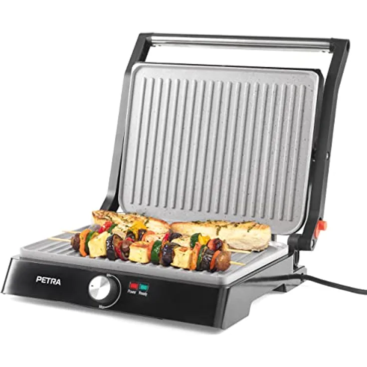 Petra PT4076VDEEU10 XL 180° Elektrogrill und Panini-Presse - Sandwichtoaster mit marblestone Antihaftbeschichtung, Fettarmes Grillen - Tischgrill, ausklappbar für 2 Kochflächen, Gemüse, Fleisch, Spieße