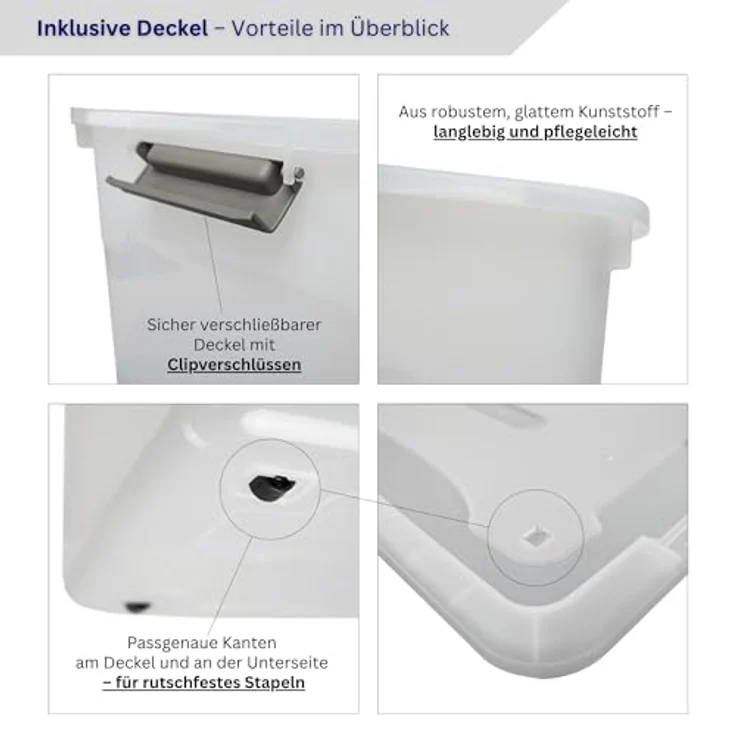 PROREGAL Aufbewahrungsbox mit Deckel 45L, 4er Set, transparent, stapelbar, mit Rollen und Verschlussclips für Küche, Haushalt und Keller – Bild 5