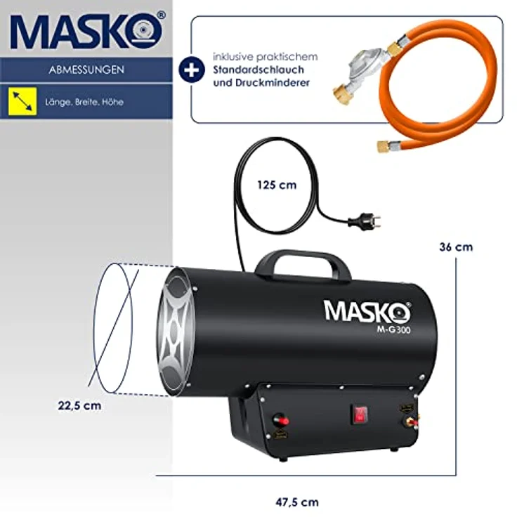 MASKO Gasheizgebläse Gasheizer Heizkanone Gasheizstrahler Bauheizer Gas Heizgerät heizstrahler Heißluftgenerator inkl. Gasschlauch & Druckminderer Heizgebläse für handelsübliche Gasflaschen Schwarz, 30 kW,  – Bild 6