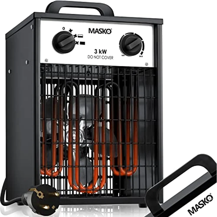 Masko® Elektroheizer Heizlüfter Bauheizer 3 KW mit integriertem Thermostat elektrisch Heizgerät 3000 Watt 3 Heizstufen Heizgebläse für Innen- und Außeneinsatz Überlastschutz Elektroheizgebläse Weiß – Bild 1
