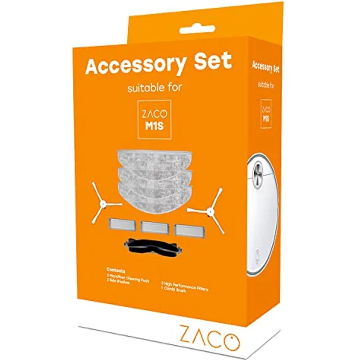 ZACO M1S original Zubehör Set für Saugroboter und Wischroboter, Ersatzteile inkl. Feinpartikel Filter, Seitenbürsten, Wischtücher & Hauptbürste
