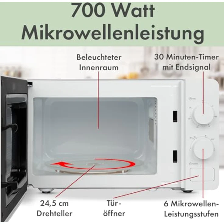 Bomann MW 6014 CB Mikrowelle, 700 Watt, Standgerät, 20 Liter Garraum, 6 Leistungsstufen, 30 Minuten-Timer mit Endsignal, Garraumbeleuchtung,weiß – Bild 6