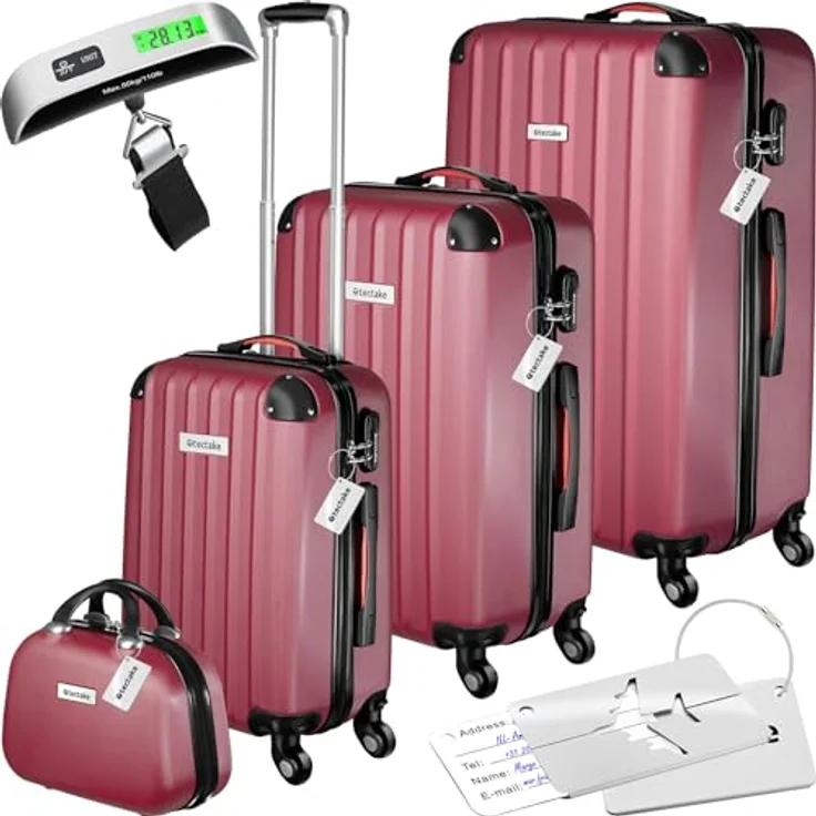 tectake® 4-teiliges Reisekoffer Kofferset inkl. Kofferwage und Gepäckanhänger, 360° Rollen, Hartschalenkoffer mit Zahlenschloss, Koffer groß, ineinander stapelbar, Trolley Handgepäck - weinrot – Bild 1