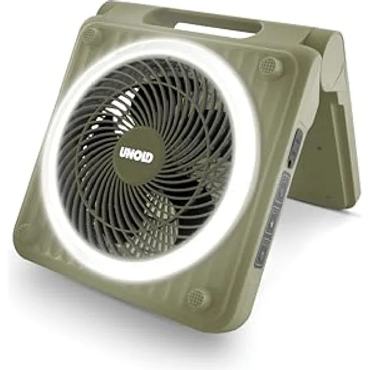 Unold Solarventilator Camping 86516, Akku-Solar-Ventilator mit 5 Geschwindigkeitsstufen, 5000-mAh Powerbank und IPX4 Spritzwasserschutz, Grün