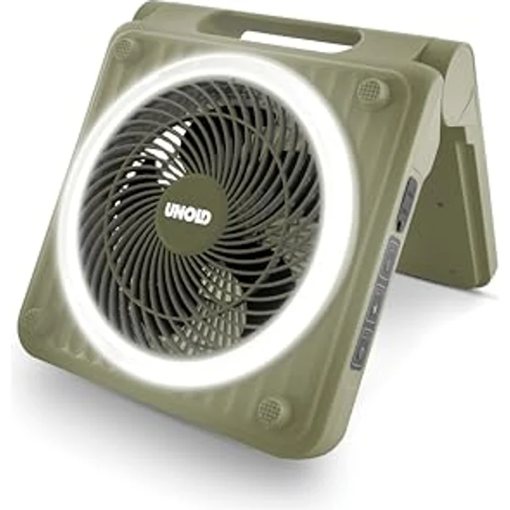 Unold Solarventilator Camping 86516, Akku-Solar-Ventilator mit 5 Geschwindigkeitsstufen, 5000-mAh Powerbank und IPX4 Spritzwasserschutz, Grün – Bild 1