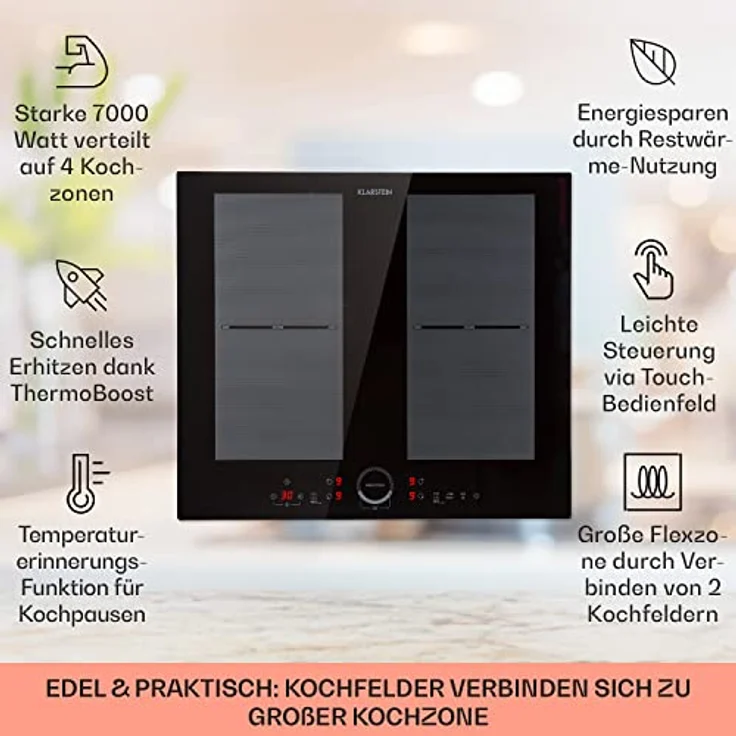Klarstein Induktionskochfeld, Glaskeramik Kochfeld mit 4 Platten, Touch-Display, Digitalanzeige, Timer-Funktion, 7000 Watt, ThermoBoost und Sicherheitsfunktionen – Bild 2