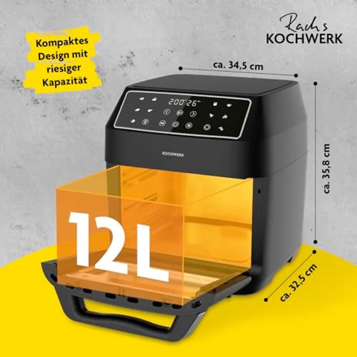 Rachs KOCHWERK Digitale Heißluftfritteuse 12 Liter mit XXL-Zubehörpaket | Ofen, Grill & Fritteuse mit Sichtfenster & Touchscreen | Airfryer ohne Öl | 10 Programme & Timerfunktion – Bild 3