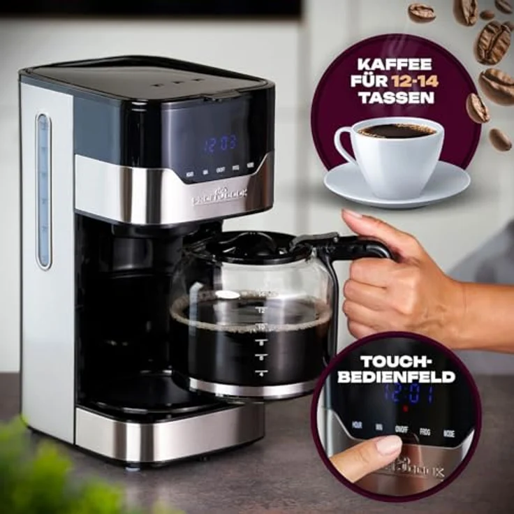 ProfiCook PC-KA 1169 Kaffeeautomat, elektronische Aromawahlfunktion, Sensor Touch-Bedienung - Touchscreen, 24 Stunden-LED-Digital-Zeitschaltuhr, 1.5 Liter, Edelstahl - Schwarz – Bild 6