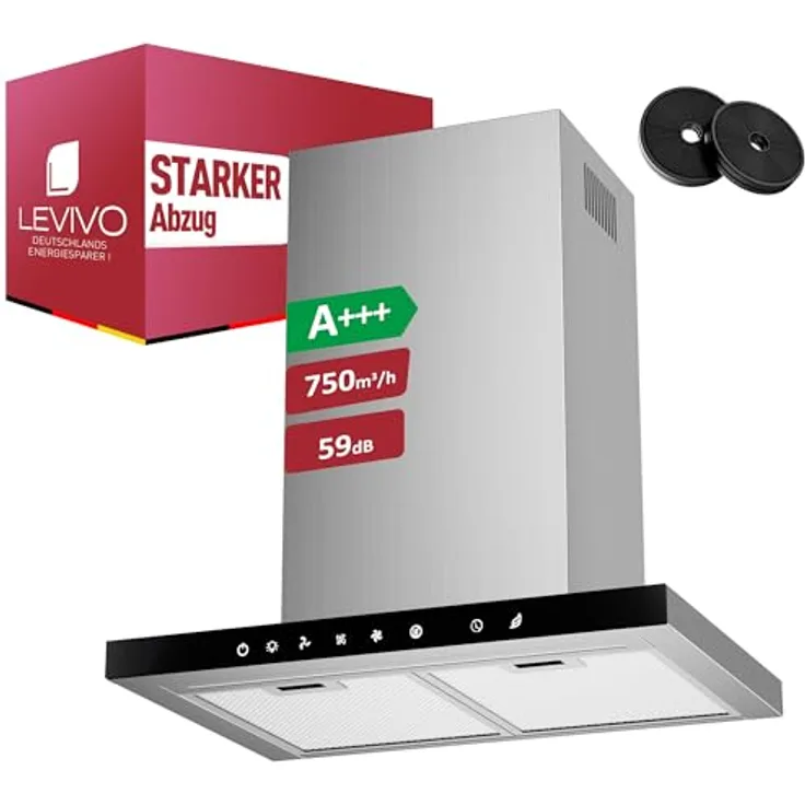 LEVIVO Dunstabzugshaube 60cm, A+++ Umluft & Abluft mit 750 m³/h Luftleistung, 2 Aktivkohlefiltern, 2 Fettfiltern, 3 Stufen & Booster, Edelstahl