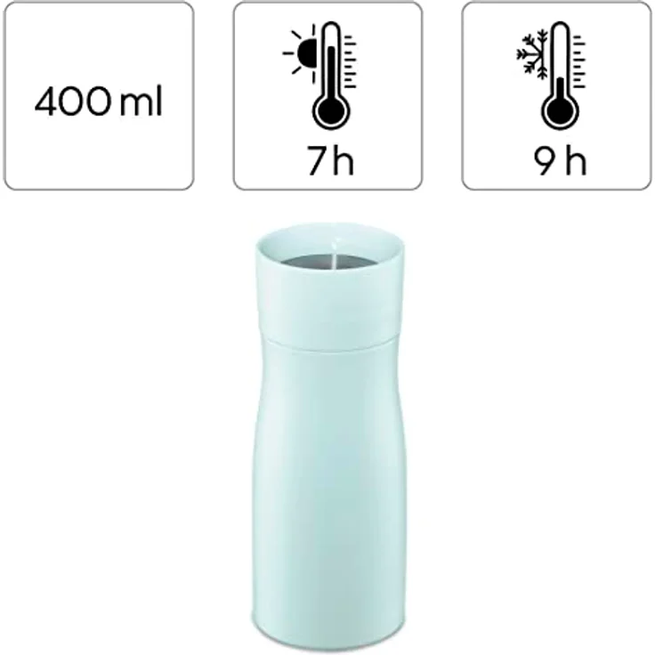 Xavax Thermobecher 400 ml (Isolierbecher mit Trinköffnung Quick Press Verschluss, Coffee to go Becher für 7h heiß/9h kalt, To Go Becher mit Schraubverschluss, Edelstahl Thermobecher to go) pastellblau – Bild 2