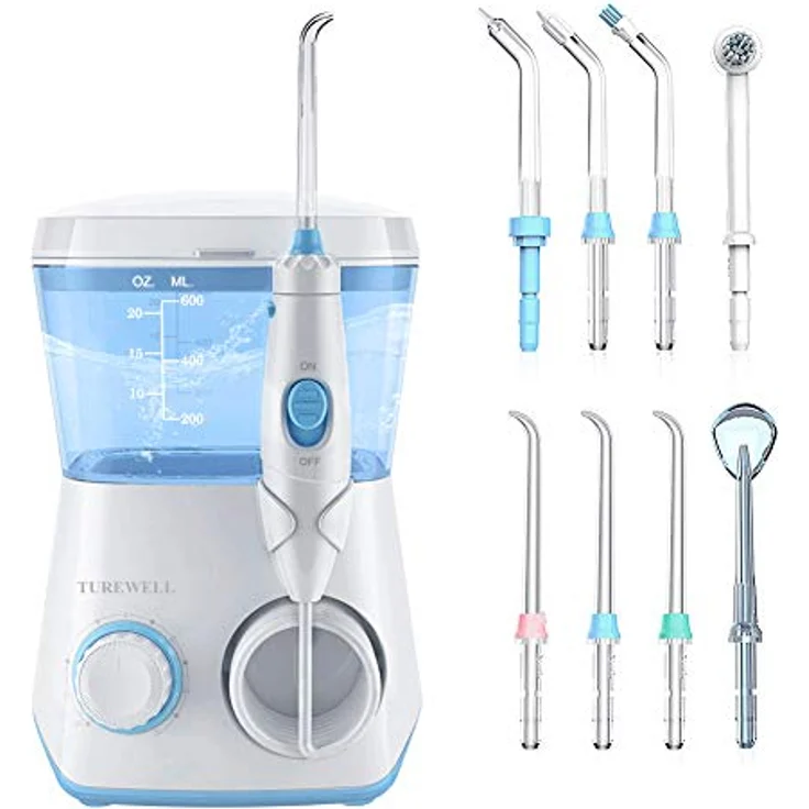 TUREWELL Munddusche,Elektrische Zahnzwischenraumreiniger mit 10 Druckstufen und 8 Düsen ,IPX7 Wasserdicht Oral Irrigator, 600ML Wasser Flosser für Zuhause(Weiß) – Bild 1