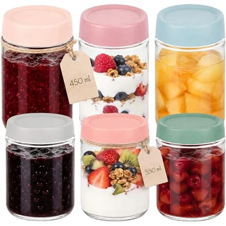 relaxdays Einmachglas Einmachgläser 6er Set, 350 ml und 450 ml, mit luftdichtem Twist-Off-Deckel, transparent und pastellfarben – Bild 1