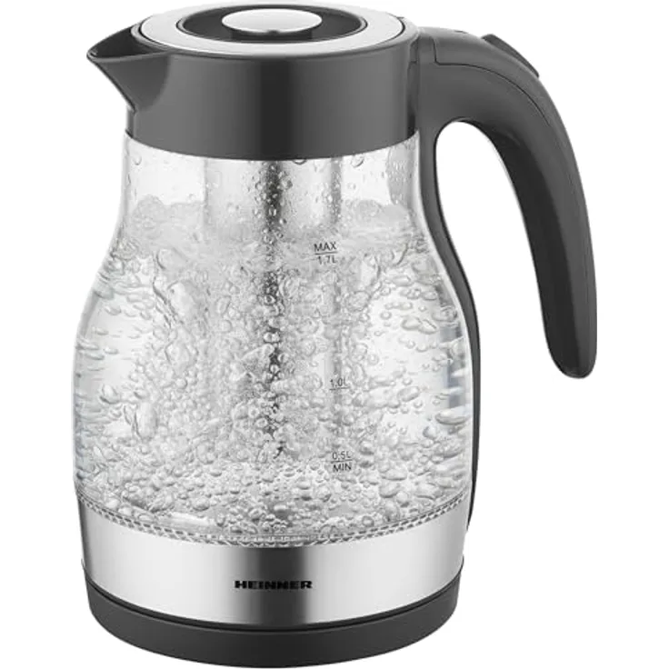HEINNER HEK-TF2200GBK Elektrischer Wasserkocher 1,7 L – 2200 W, Glas-Design, abnehmbarer Teefilter, LED-Beleuchtung, Schwarz, 3 Jahre Garantie