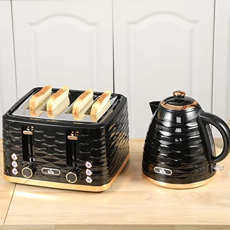 HOMCOM Toaster Frühstück-Set, 1,7L Wasserkocher und 4-Scheiben-Toaster, 2200 W, Auftau- und Aufwärmfunktion, Schwarz – Bild 6