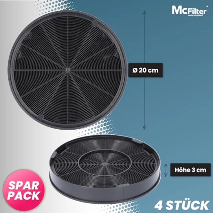 McFilter 4x Aktivkohlefilter Ø 200mm für Dunstabzugshaube - AEG/Electrolux 9029793578 EFF62, Franke 112.0016.755, Bosch/Siemens/NEFF 00748732 00748733 DHZ5316, Miele 06532971 DKF14-1 - Made in EU, Qualitätsmaterialien, effiziente Geruchsneutralisierung – Bild 2