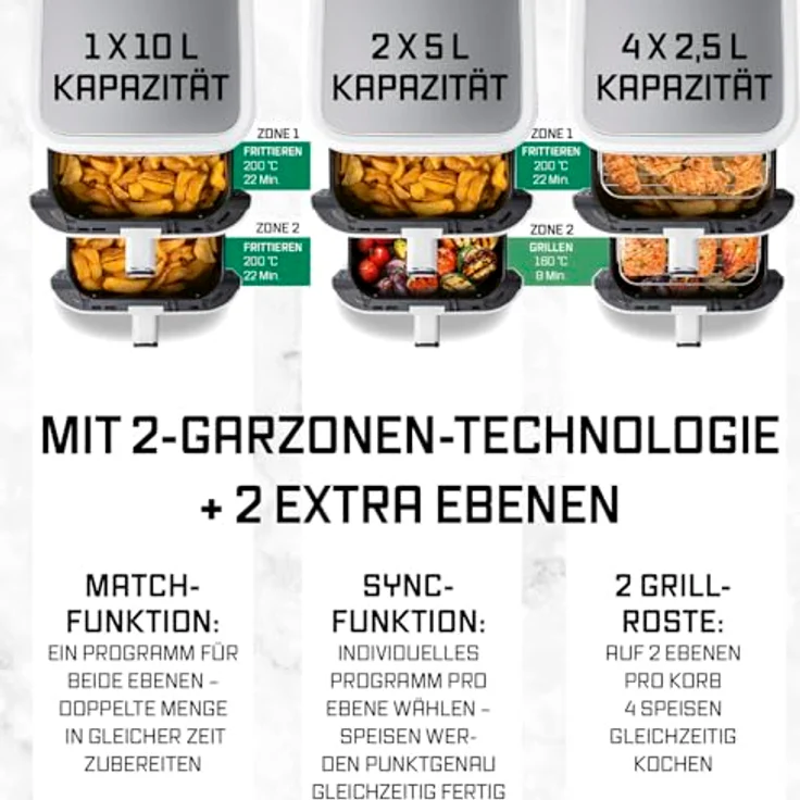 GOURMETmaxx FryUp Vertikale Doppelkammer Heißluftfritteuse, 10L Fassungsvermögen, klappbares Touchdisplay, 2800 W, 12 Kochprogramme – Bild 4