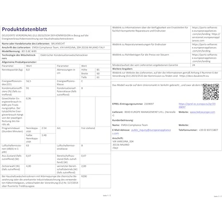 Bauknecht BD IS 8C WBS Wärmepumpentrockner 8kg, Silent Spin, IronEase, Adaptive Dry, Energieeffizienz C – Bild 9